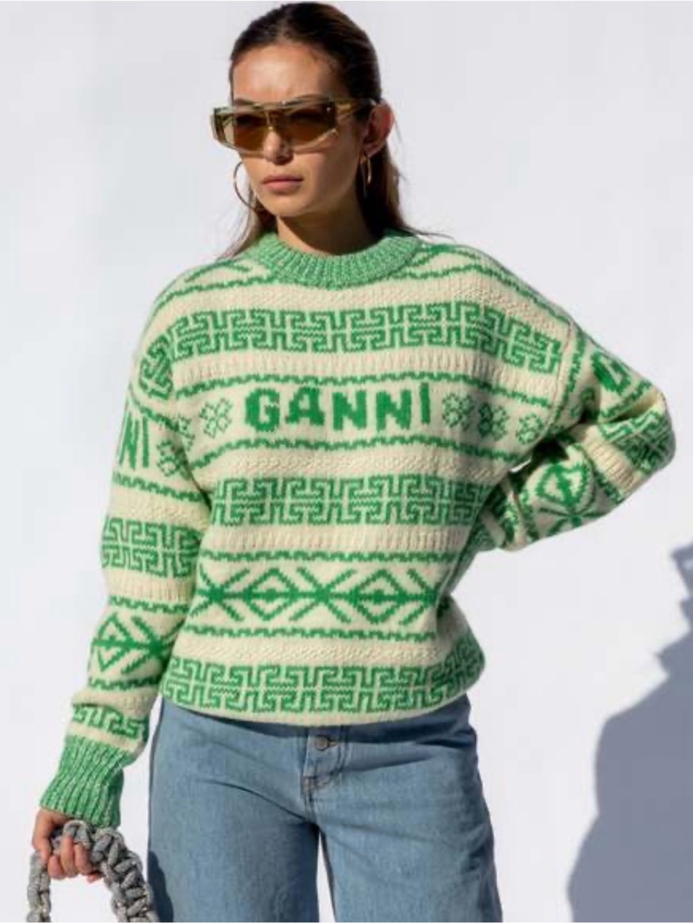 GANNI Egret Logo Fair Isle Organic Wool Pullover Sweater Green Size S